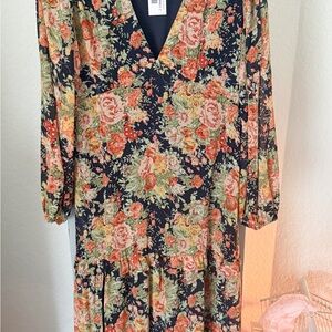 V-Neck Floral Midi Dress in Navy and Coral